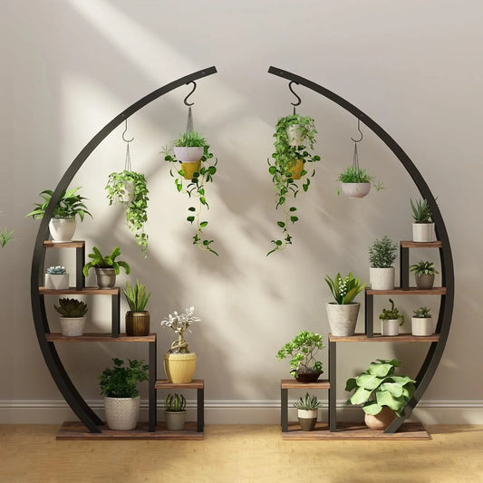 2-Pack Metal Plant Stand – Tall Indoor/Outdoor Flower Display Shelf with Plant Hanger for Garden & Balcony