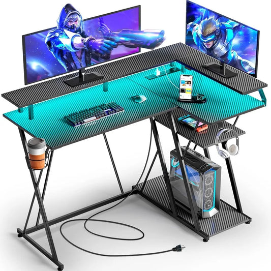 L-Shaped Gaming Desk with LED Lights & Power Outlets – 47” Reversible Corner Desk with Storage Shelf & Monitor Stand