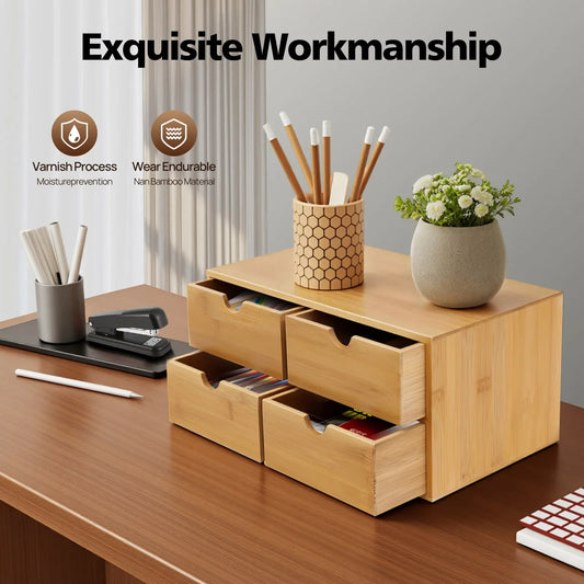 2/4-Drawer Mini Bamboo Desk Organizer – Tabletop Storage Box for Office, Home, Toiletries & Supplies