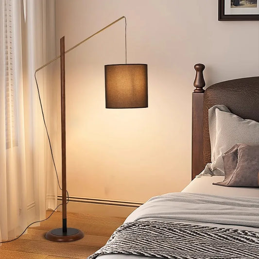 European Wood Floor Lamp – Fabric Lampshade Standing Light with E27 Socket for Living Room & Reading Corners