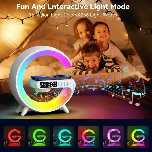 5.9" Wireless Charger with Bluetooth Speaker – RGB Clock Lamp Desktop Stand for iPhone & Samsung