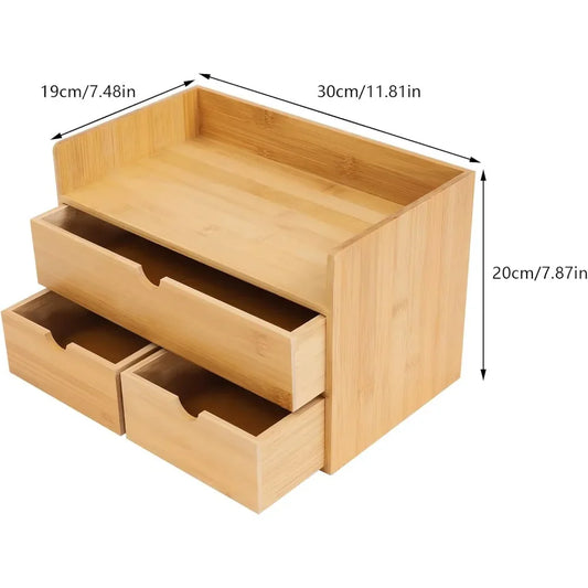 Bamboo Desk Organizer with 3 Drawers – Compact Tabletop Storage for Office, Vanity, or Nightstand Use