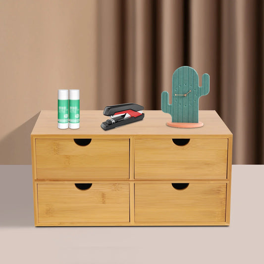 4-Drawer Mini Bamboo Desk Organizer – Tabletop Storage Box for Office, Home, Toiletries & Supplies