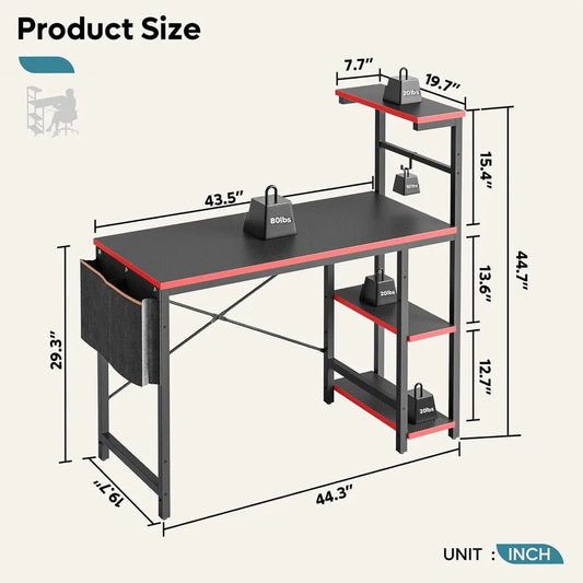 Gaming Desk with LED Lights – 44" PC Gamer Desk for Small Spaces with Reversible Storage Shelves & Side Storage