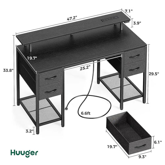 47" Computer Desk with 4 Drawers – Gaming Desk with LED Lights & Power Outlets for Home Office Storage