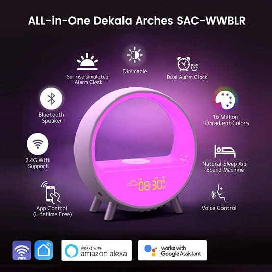 LED Sunrise Wake-Up Light – Smart Alarm Clock with 15W Wireless Charger & White Noise Night Lamp