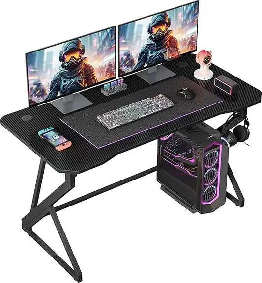 47" Z-Shaped Gaming Desk – Carbon Fiber Surface PC Table with Headphone Hook & Cup Holder