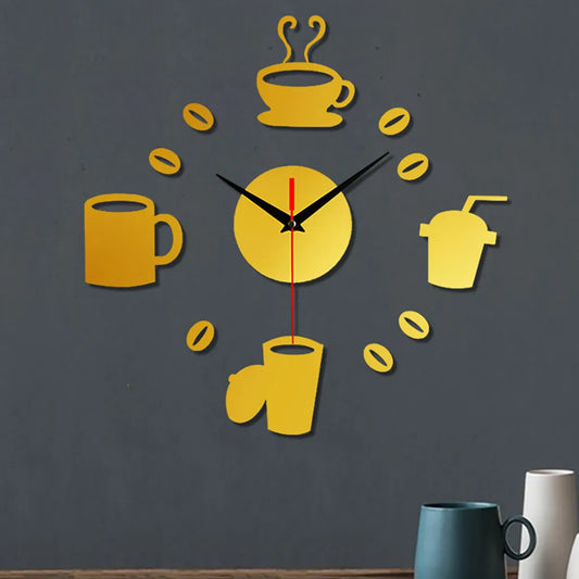 3D Mirror Wall Clock – Modern Silent Acrylic DIY Wall Art with Coffee Cup Design