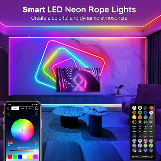 24V RGB Neon Strip Light – 3M/5M/10M Waterproof LED Rope with Bluetooth, Remote & Music Sync