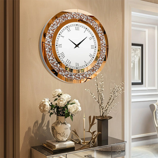 60/80CM Bling Silver Round Mirror Wall Clock – Glam Sparkle Mirrored Clock for Home Décor
