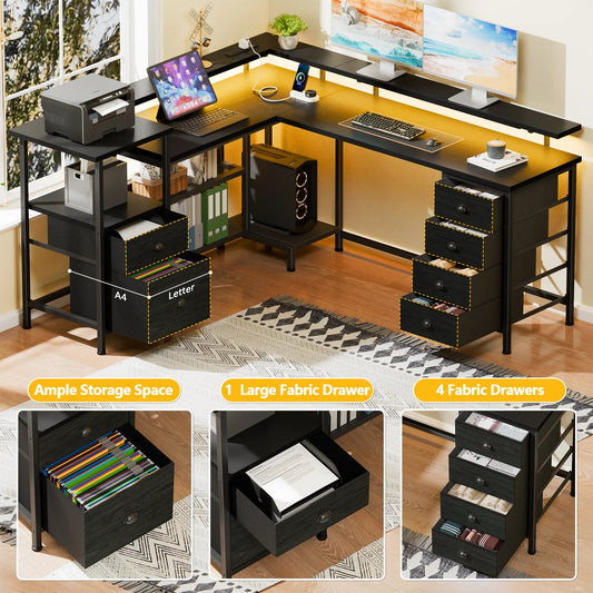 Satifur 67-Inch Office & Gaming Desk – With Power Sockets, LED Lights, Dual Monitor Stands & 6 Adjustable Storage Drawers