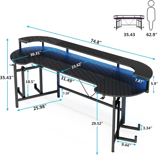 75-Inch Gaming Desk – Large Computer Desk with Monitor Shelf & RGB LED Lights for Bedroom or Home Office