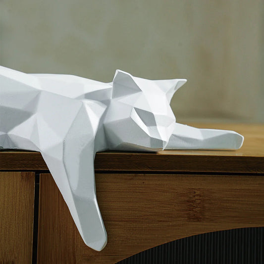 White & Black Cat Statue – Geometric Modern Figurine Sculpture for Home & Office Table, Shelf, or Desk Décor (Lying Cat)
