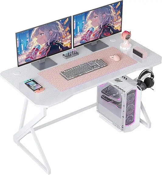 47" Z-Shaped Gaming Desk – Carbon Fiber Surface PC Table with Headphone Hook & Cup Holder