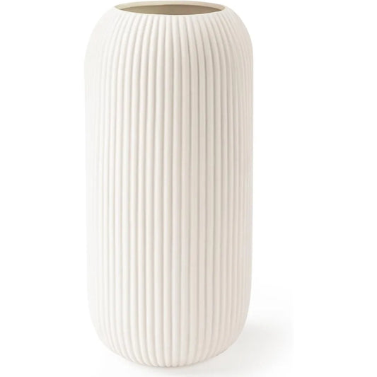 White Ceramic Ribbed Vase – Modern Decorative Vase for Pampas Grass & Home Styling