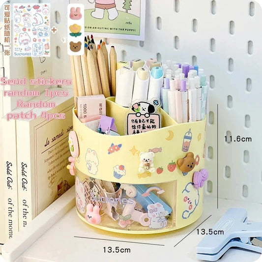 Cute Rotating Pen Holder with Drawer – Kawaii Stationery Storage Box Organizer for School & Office Desks