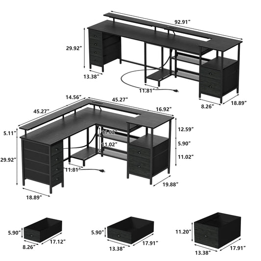 Satifur 67-Inch Office & Gaming Desk – With Power Sockets, LED Lights, Dual Monitor Stands & 6 Adjustable Storage Drawers