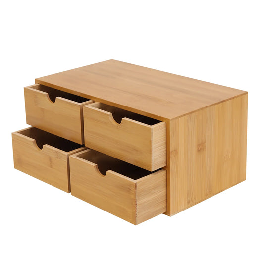 4-Drawer Mini Bamboo Desk Organizer – Tabletop Storage Box for Office, Home, Toiletries & Supplies
