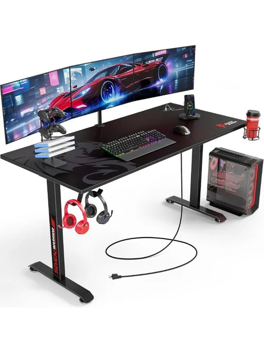 55" Gaming Desk – T-Shaped Computer Desk with Carbon Fiber Surface, Full Mouse Pad & Headphone Hook