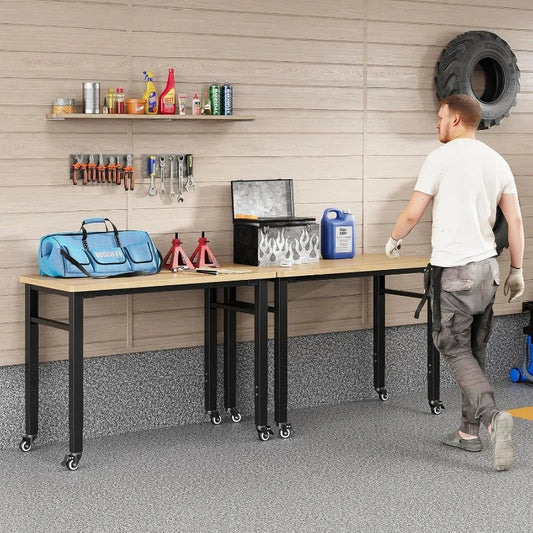 48" Adjustable Portable Workbench with Wheels – Heavy-Duty Rubber Wood Top & 2000 LBS Load Capacity