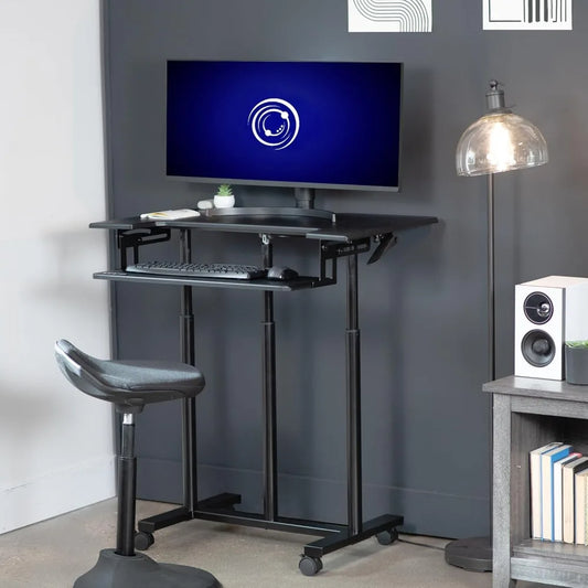 Mobile Height Adjustable Table – Stand Up Desk Cart with Sliding Keyboard Tray, Rolling Computer Workstation & Presentation Desk