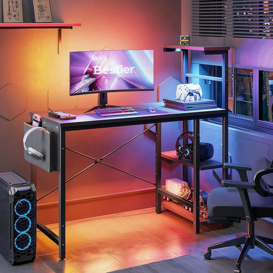 44" Gaming Desk with LED Lights – Compact PC Desk with Reversible Storage Shelves & Side Organizer