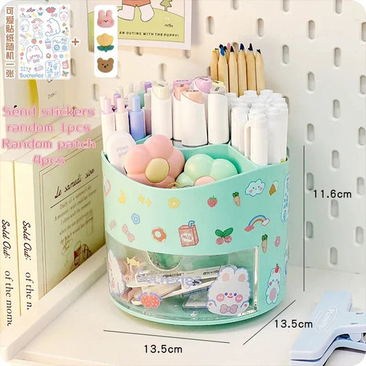 Cute Rotating Pen Holder with Drawer – Kawaii Stationery Storage Box Organizer for School & Office Desks