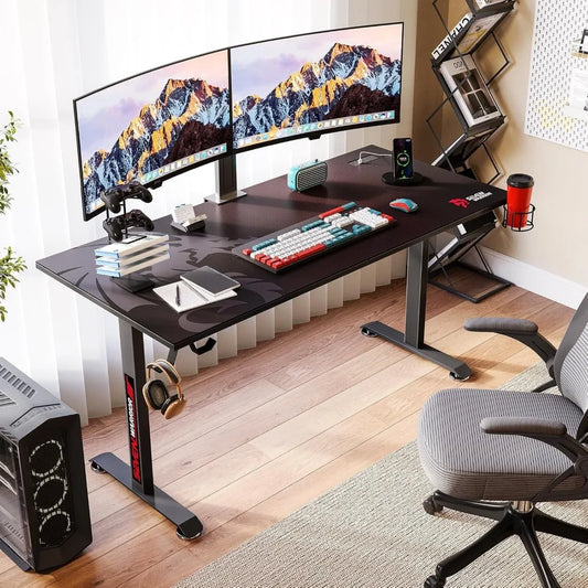 55" Gaming Desk – T-Shaped Computer Desk with Carbon Fiber Surface, Full Mouse Pad & Headphone Hook