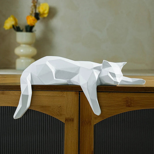 White & Black Cat Statue – Geometric Modern Figurine Sculpture for Home & Office Table, Shelf, or Desk Décor (Lying Cat)