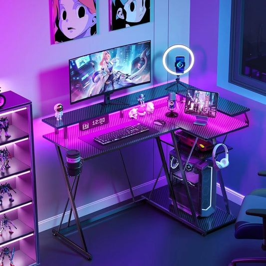 L-Shaped Gaming Desk with LED Lights & Power Outlets – 47” Reversible Corner Desk with Storage Shelf & Monitor Stand