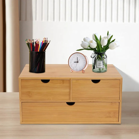 Bamboo Desk Organizer – Wooden Letter Tray with Drawers & Mini Shelf for Office Utensils and Storage