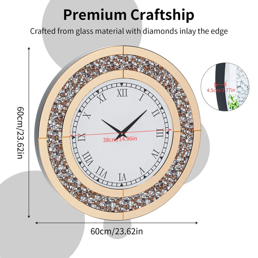 60/80CM Bling Silver Round Mirror Wall Clock – Glam Sparkle Mirrored Clock for Home Décor